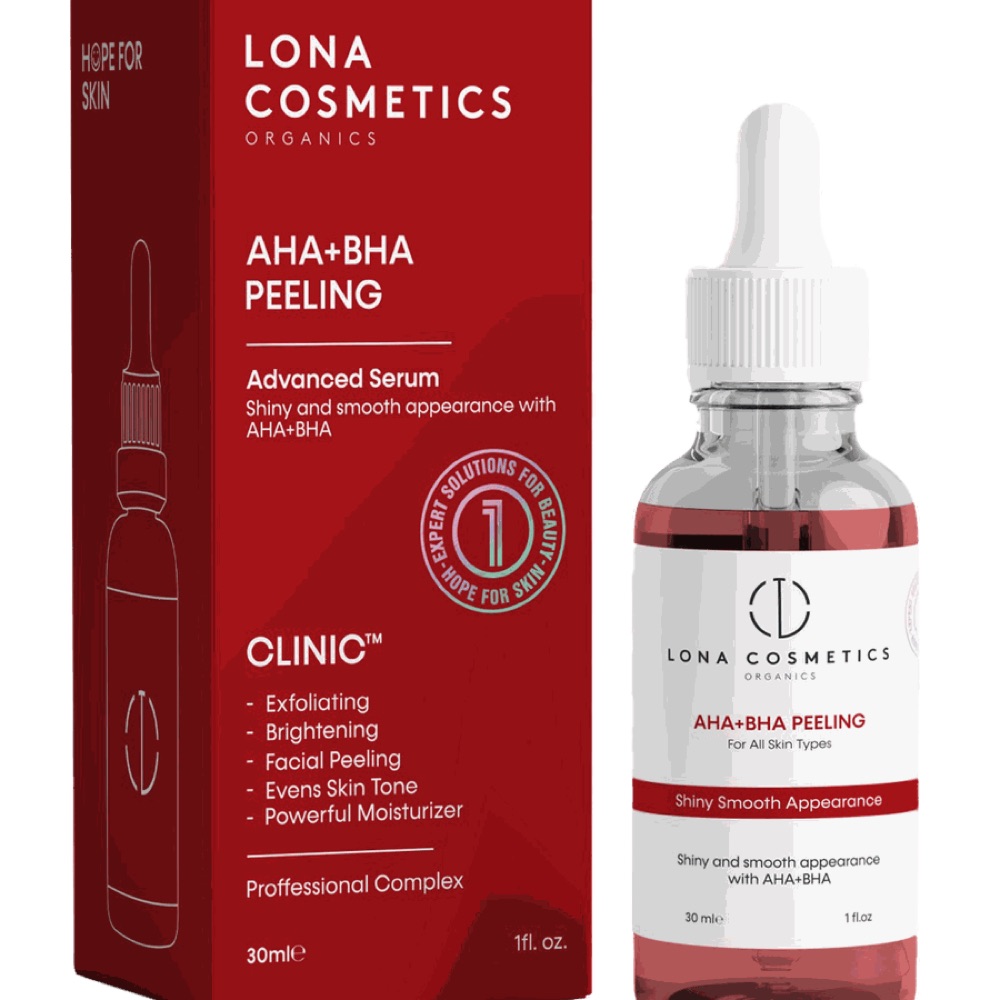 قارورة AHA+BHA من Lona Cosmetics مع علبتها الحمراء