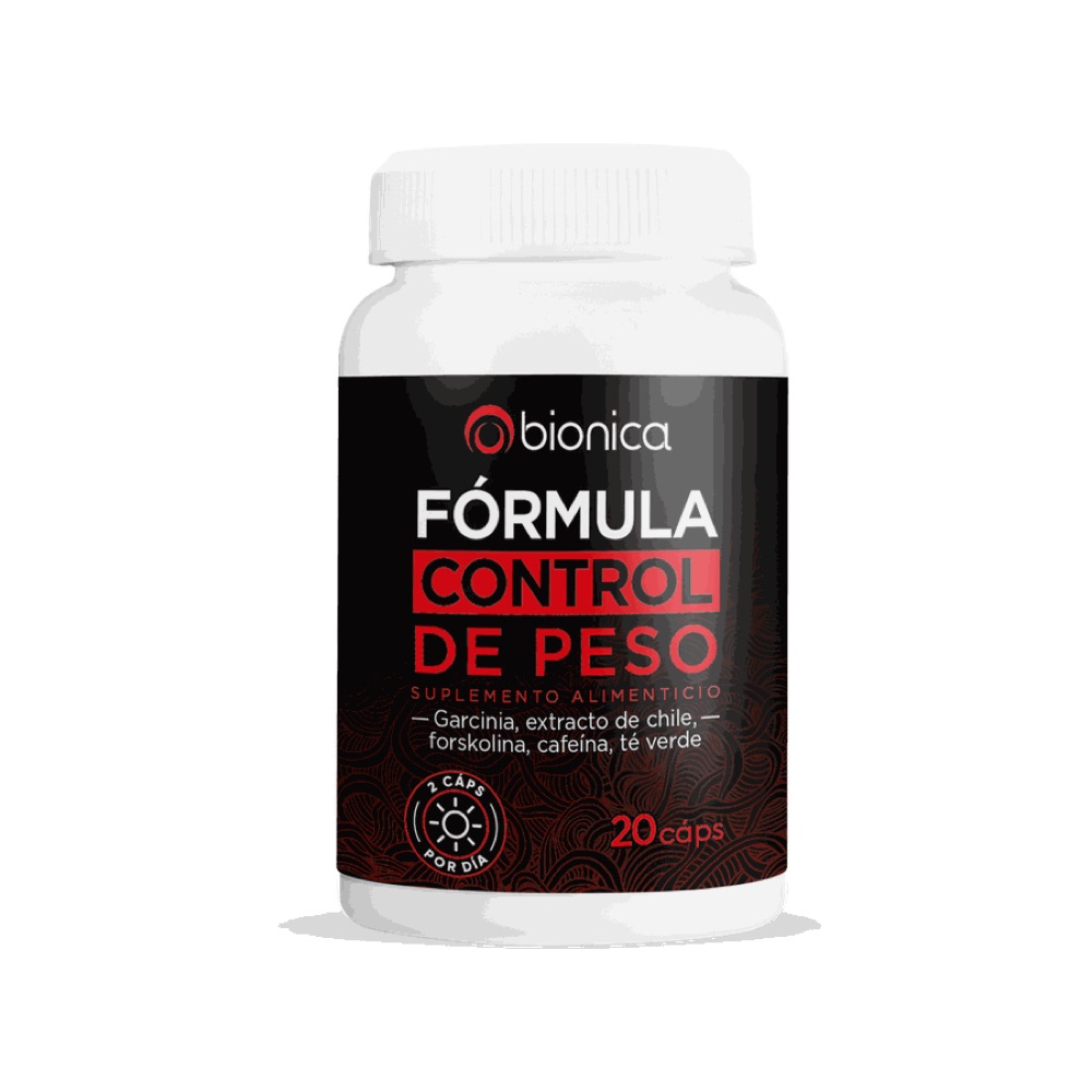 Frasco negro y rojo de Bionica Fórmula Control de Peso