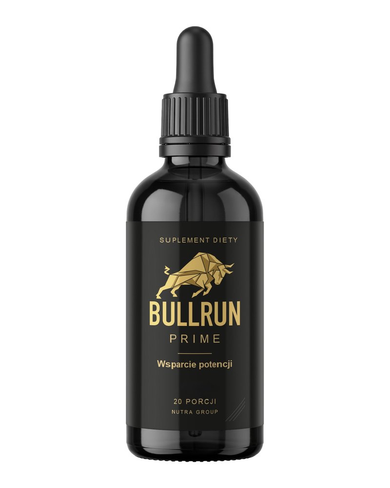 Bullrun Prime, czarna szklana butelka z pipetą i czarno-złotą etykietą z bykiem, 20 porcji