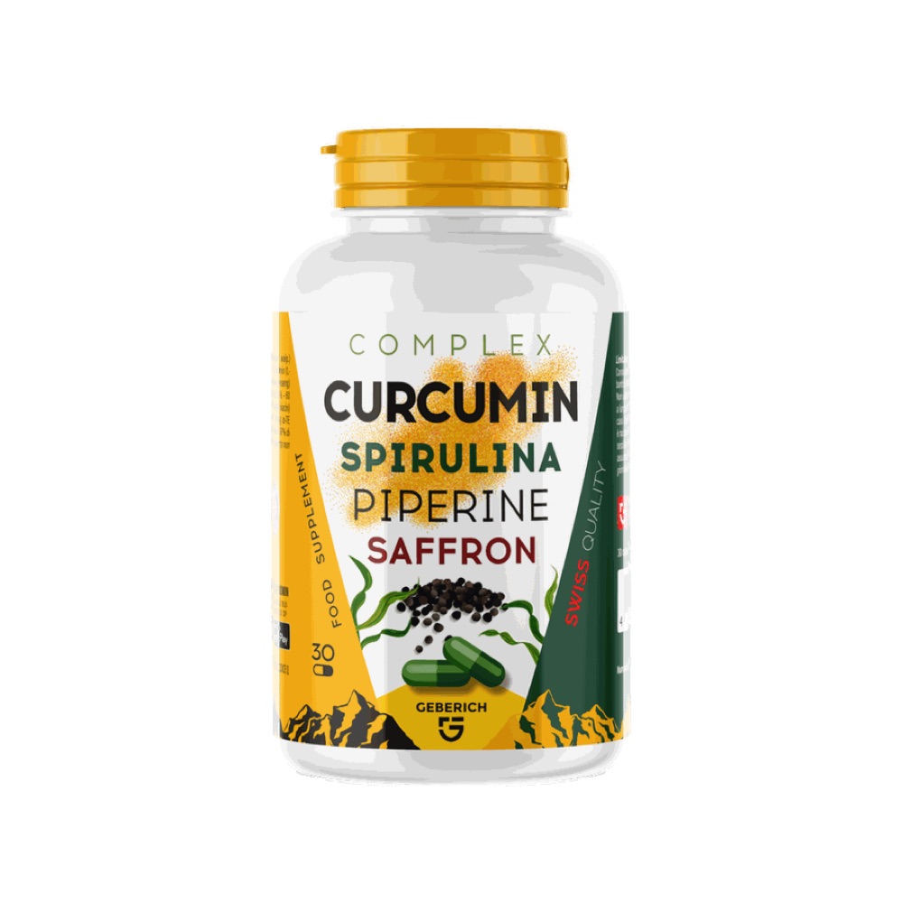 Weisse Dose Curcumin Spirulina Piperine Saffron mit orangem Deckel