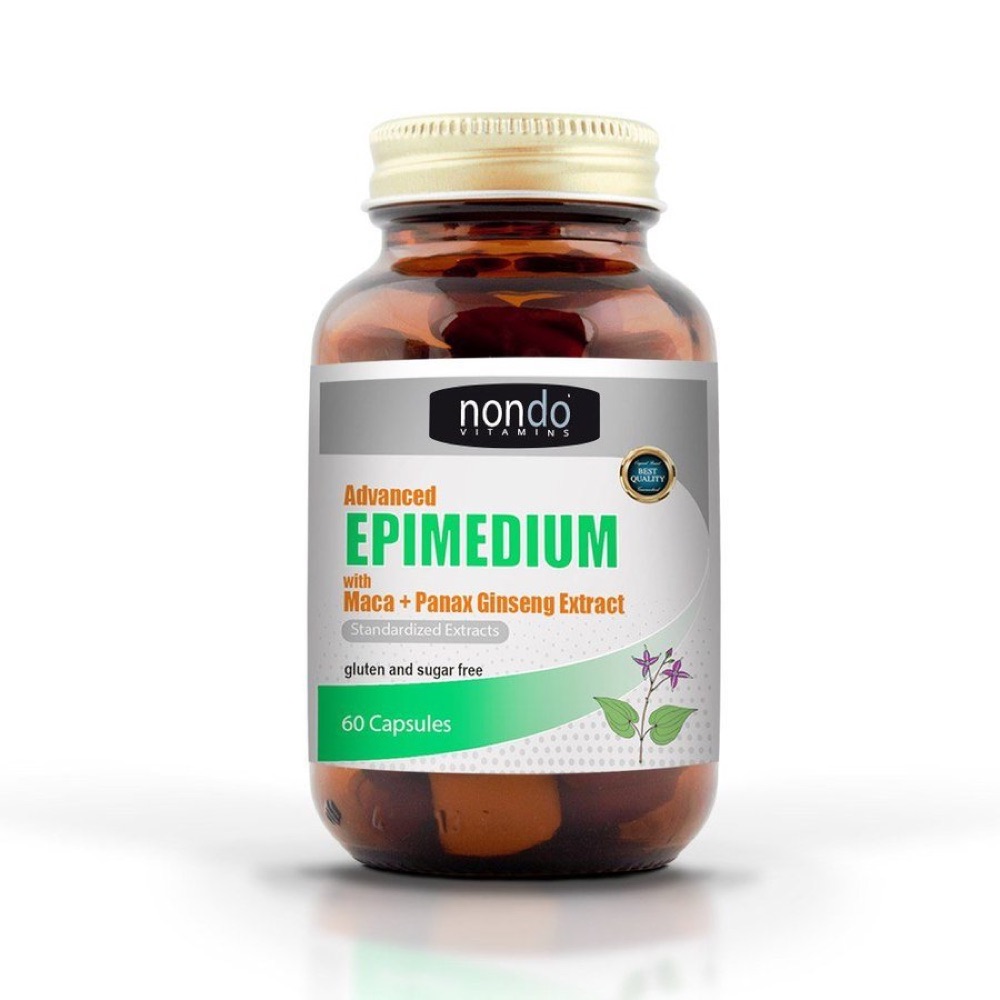 عبوة Nondo Epimedium الزجاجية مع علبتها الخضراء والبيضاء