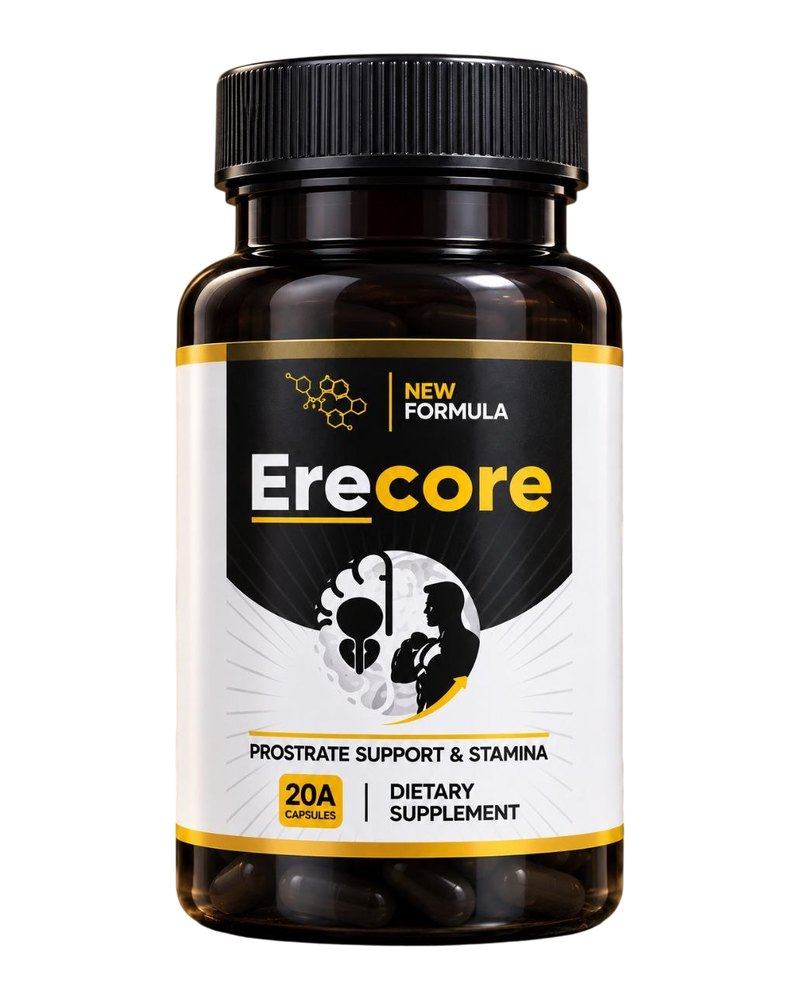 Dark bottle of Erecore, 20 capsules, labelled Prostate support & stamina, dietary supplement