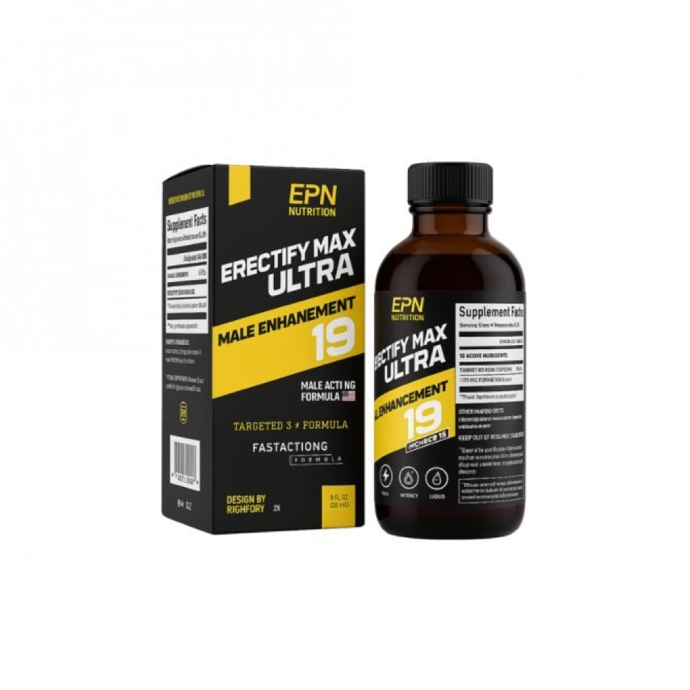 قنينة Erectify Max Ultra البنية وعلبتها الصفراء والسوداء