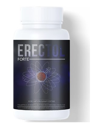 Банка Erectol Forte с белой крышкой и тёмно-синей этикеткой с символом мужского пола