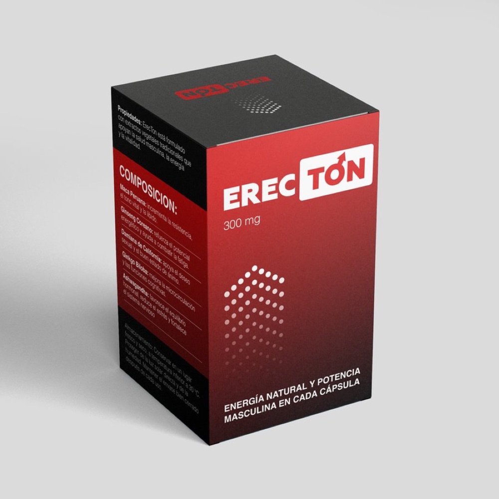 Caja roja y negra de Erecton con su frasco