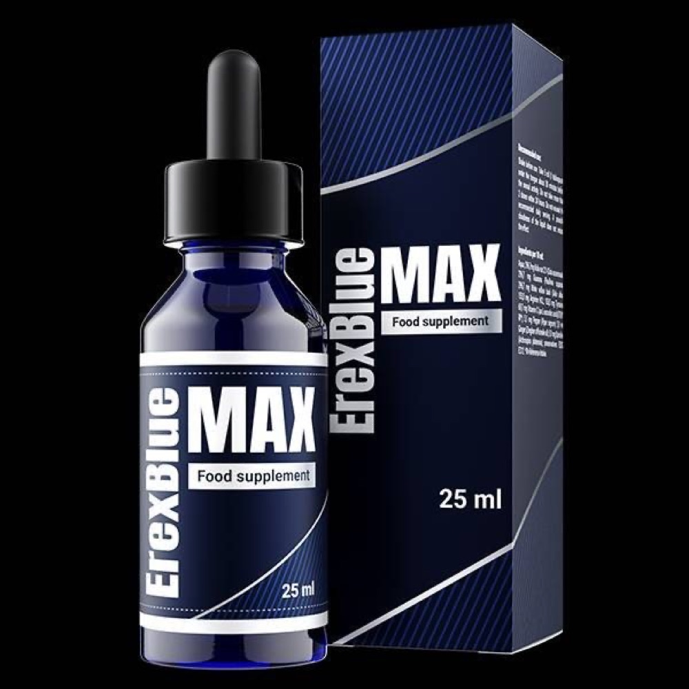 Mörkblå ErexBlue Max-droppflaska och kartong