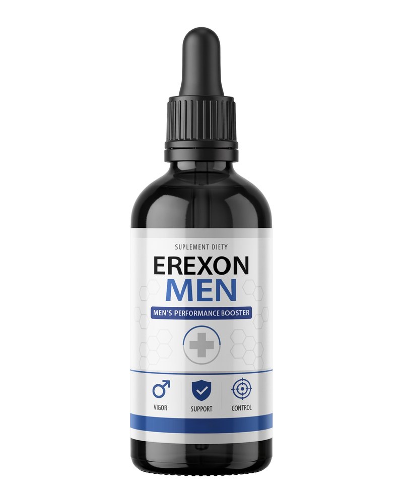 Erexon Men, szklana butelka z pipetą i biało-niebieską etykietą, krople 100 ml