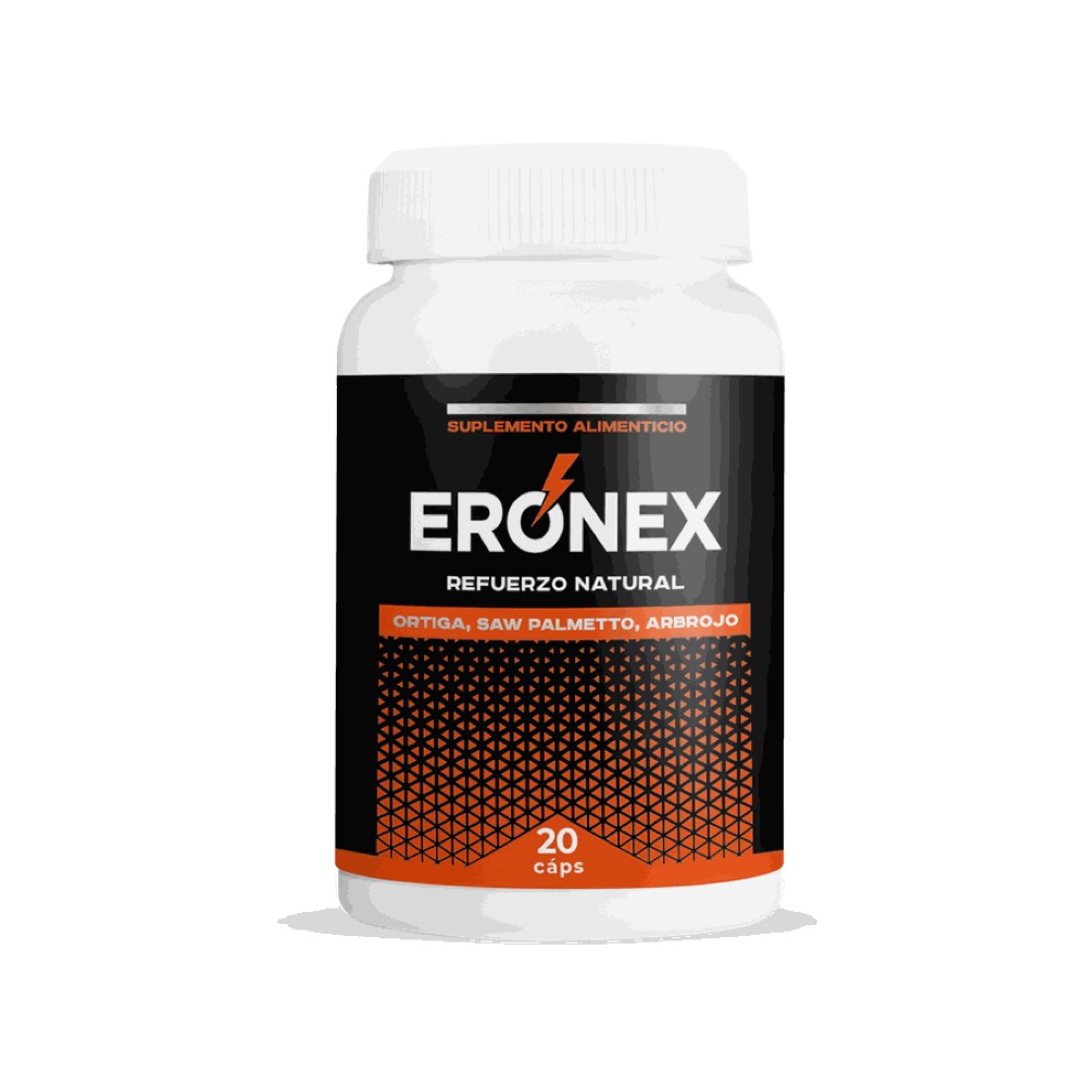 Frasco negro y naranja de Eronex con cápsulas