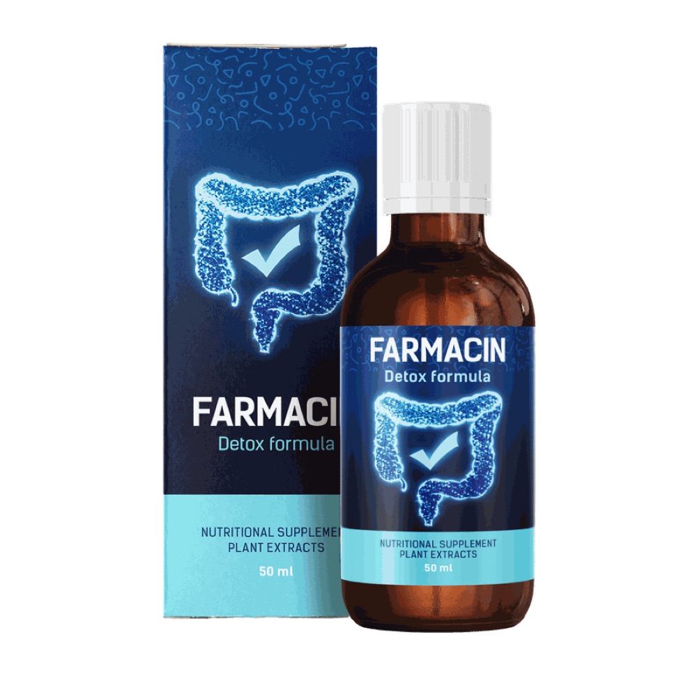 Brūna Farmacin pudelīte un zila kastīte, 50 ml