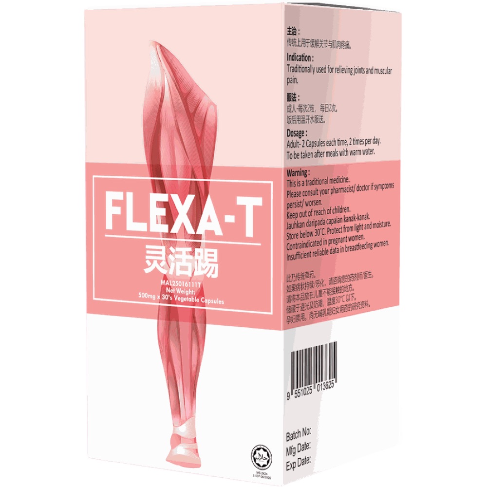 Botol putih dan kotak merah jambu Flexa-T