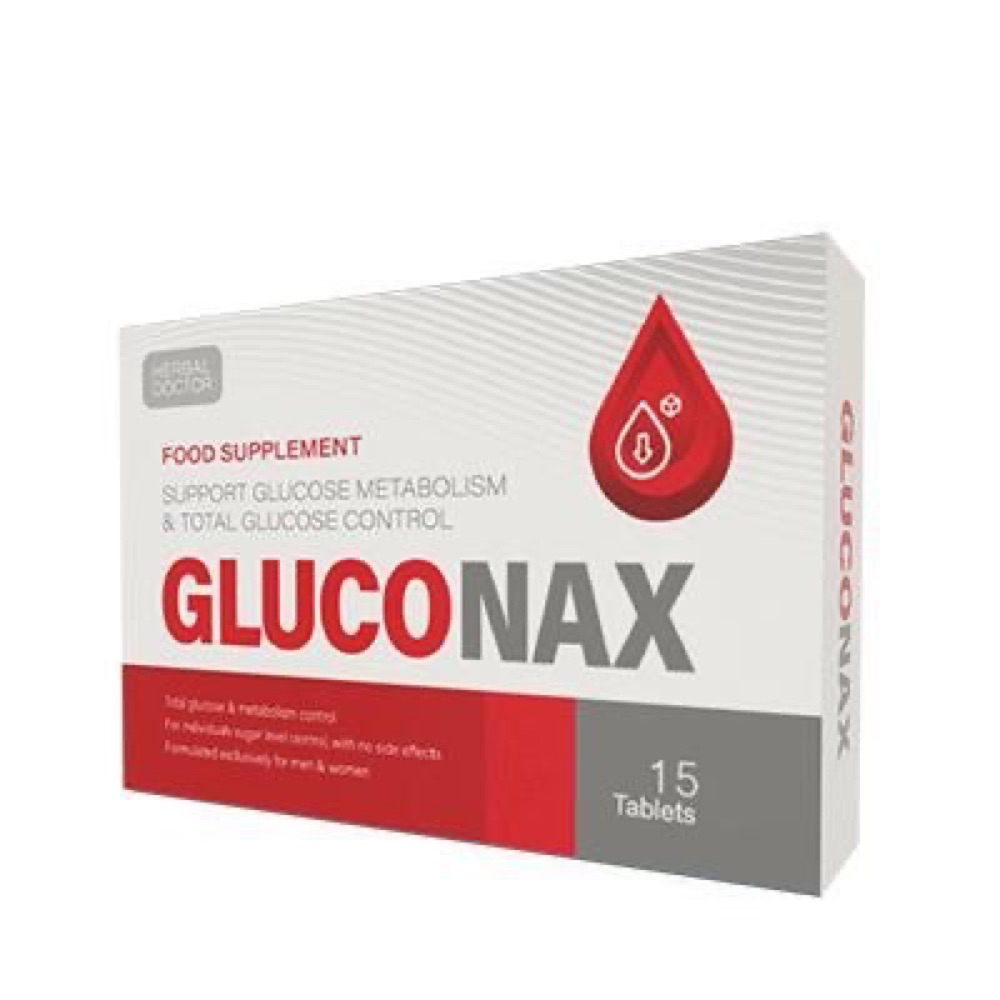 Red and white Gluconax box, 15 tablets