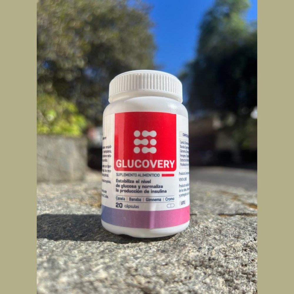 Frasco blanco con etiqueta roja de Glucovery