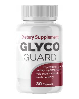 قارورة GlycoGuard البيضاء بغطاء رمادي وملصق أحمر داكن، مكتوب عليها 30 كبسولة