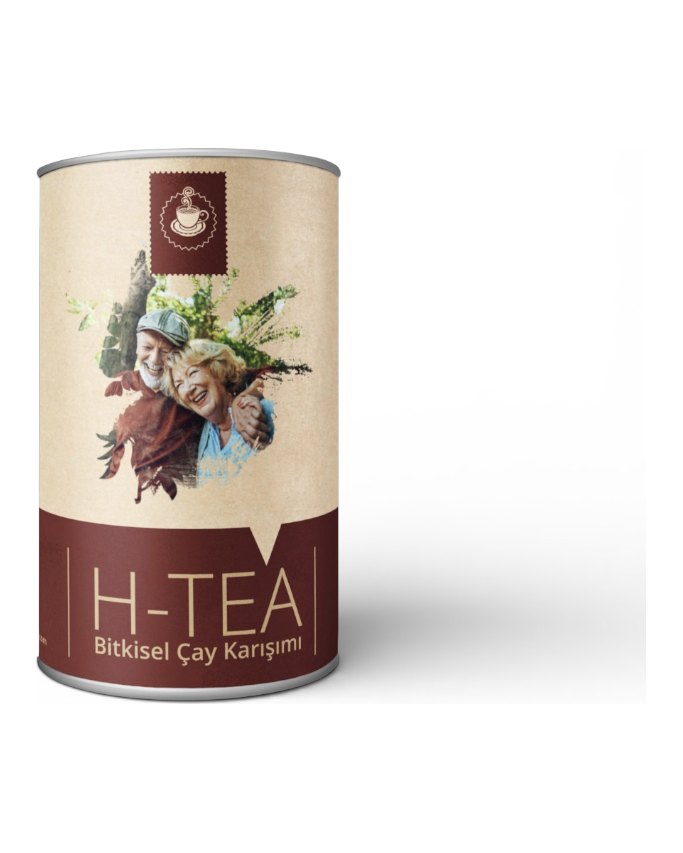 H-Tea bitkisel çay karışımı: kraft renkli, bordo bantlı silindir kutu, üzerinde gülümseyen yaşlı bir çift
