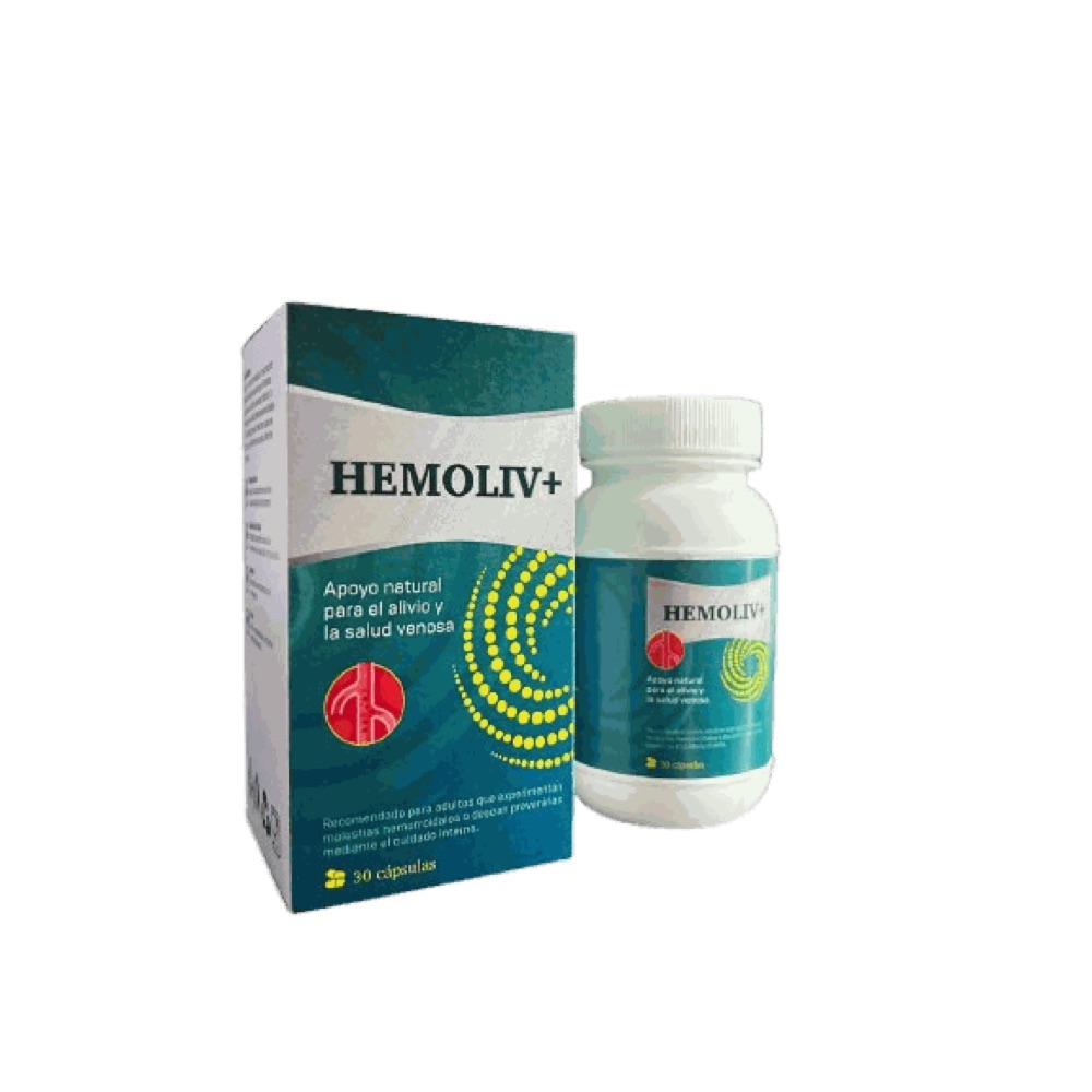 Frasco blanco y caja verde de Hemoliv+