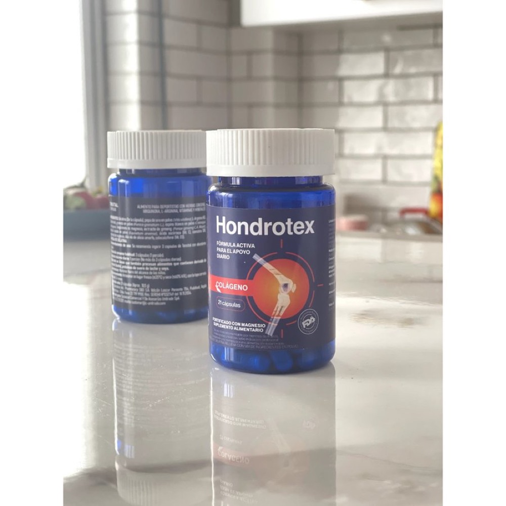 Frasco azul de Hondrotex con gráfico de rodilla