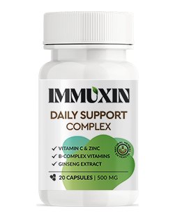 Immuxin Daily Support Complex flakon fehér kupakkal és zöld címkével, 20 kapszula, 500 mg