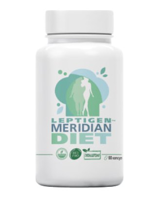 Белая банка Leptigen Meridian Diet с зелёно-голубой этикеткой, 60 капсул