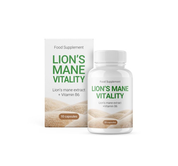 Lions Mane Vitality, doboz és flakon 10 kapszulával