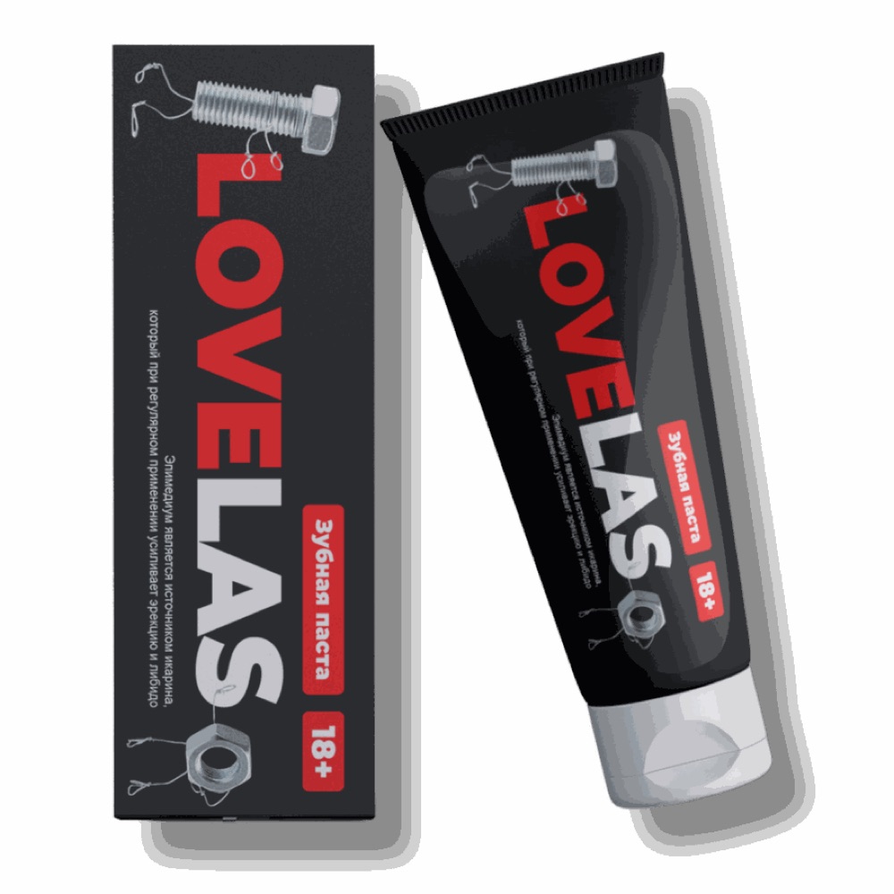 Lovelas tish pastasi, qora-qizil tuba va quti