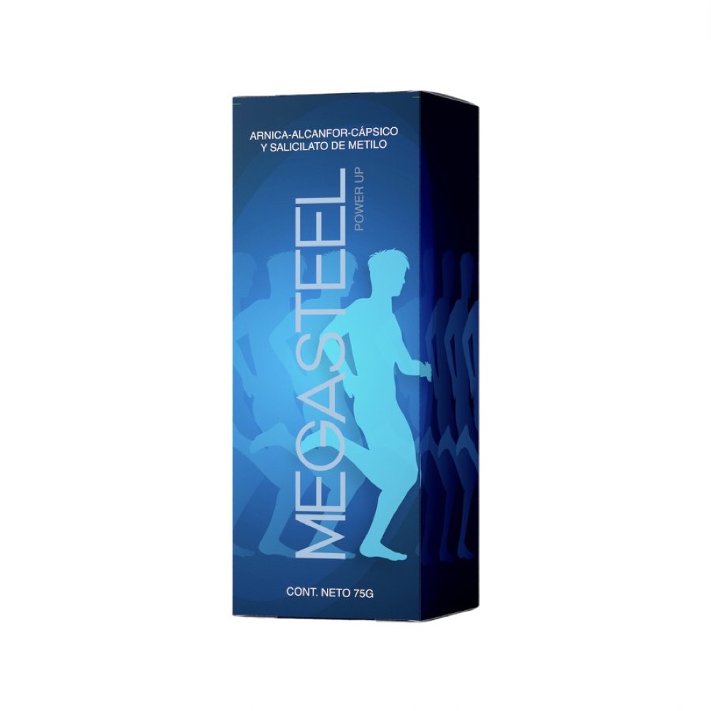 Caja azul de Megasteel con silueta de corredor