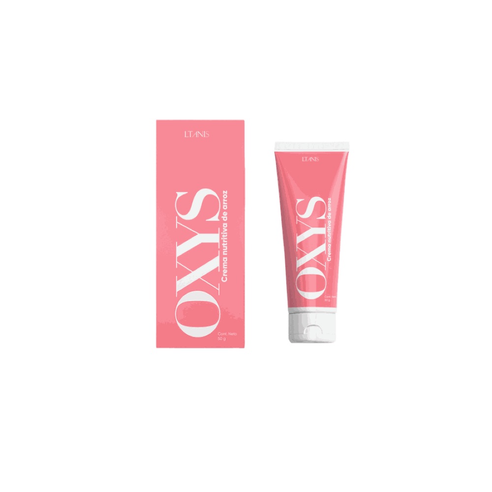 Tubo rosado y caja alargada de la crema Oxys