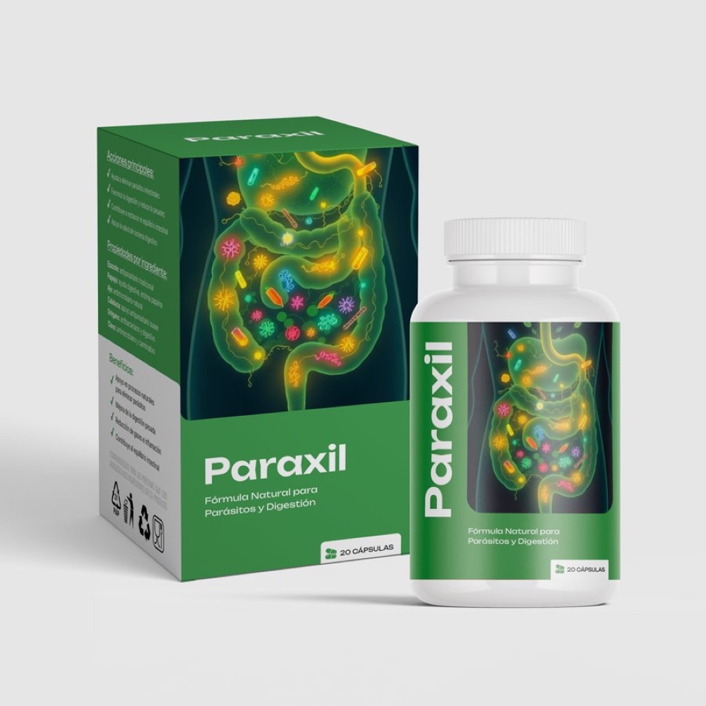 Frasco blanco y caja verde de Paraxil