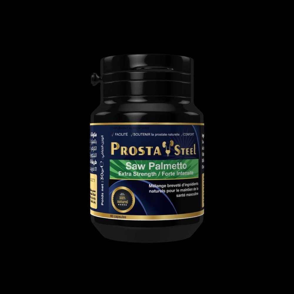 عبوة ProstaSteel الداكنة بملصق أخضر وذهبي
