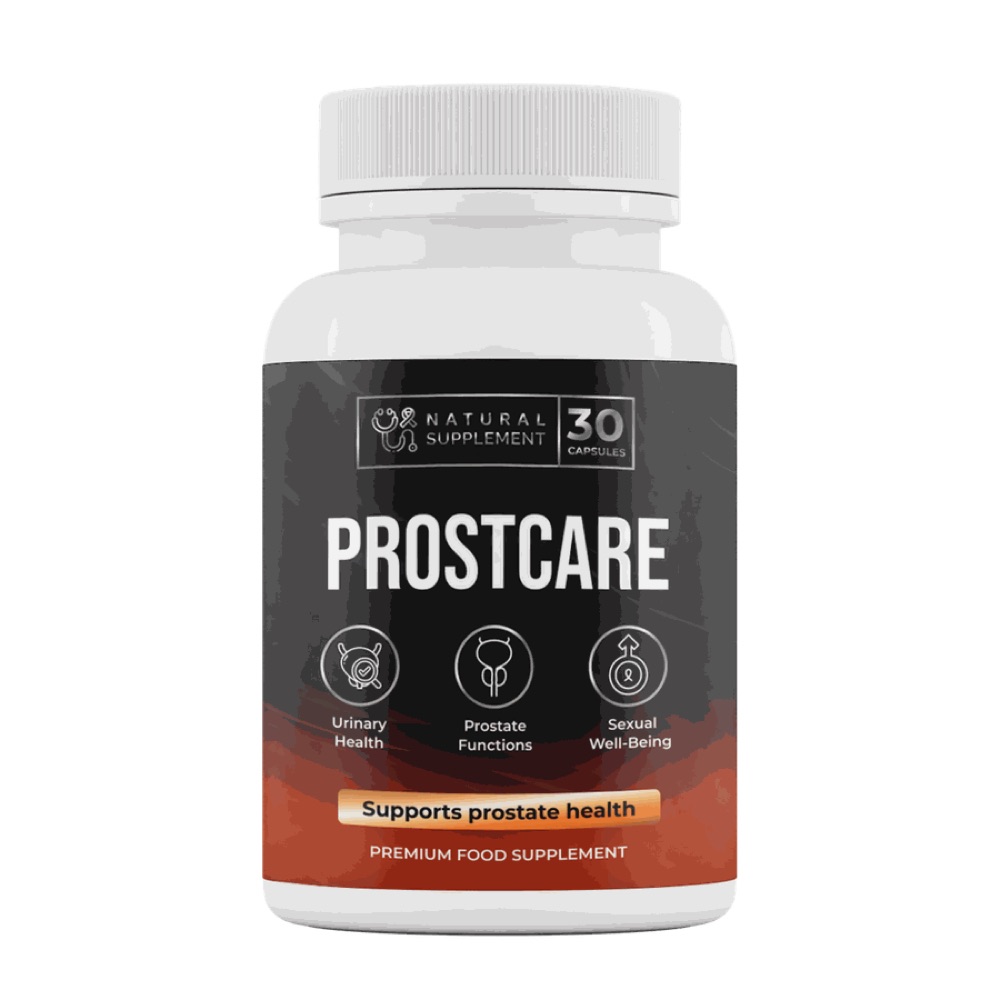 White ProstCare bottle with dark label, 30 capsules
