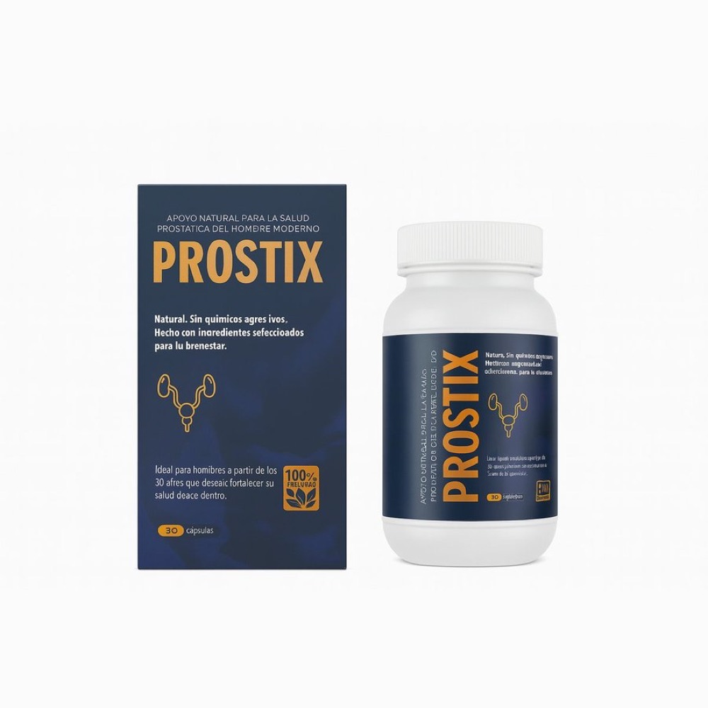 Caja azul oscuro con dorado de Prostix y frasco