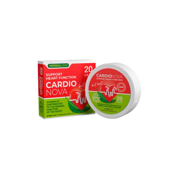 Червено-зелена кутия Cardio Nova с 20 капсули и кръгла бяла кутийка