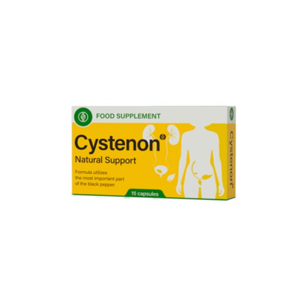 Жълта кутия Cystenon с надпис Food Supplement, 15 капсули