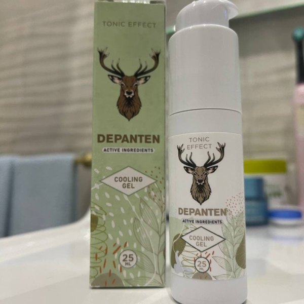 Бял флакон Depanten с помпа и зелена кутия с елен, Cooling Gel 25 ml