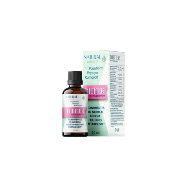 Флакон Dietter 30 ml и светлозелена кутия с надпис Passiflora, Papaya, Kumquat