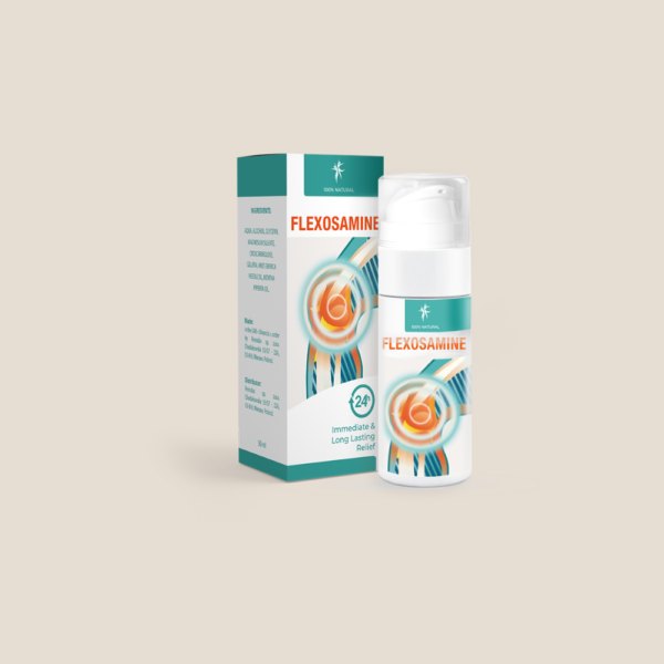 Flexosamine Gel: weißer Pumpspender und Schachtel, 50 ml
