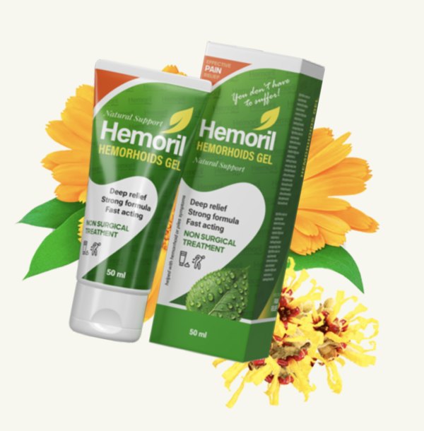 Hemoril, zelena tuba gela 50 ml i kutija, u pozadini narančasti cvjetovi