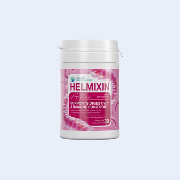 Flacone bianco di Helmixin con etichetta rosa, 30 capsule