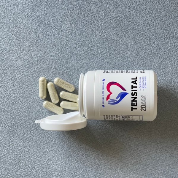 Flacone bianco di Tensital da 20 capsule, adagiato su una superficie grigia con alcune capsule accanto