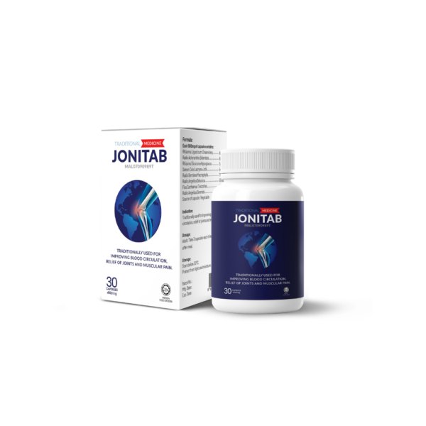 Kotak putih dan botol biru tua Jonitab, 30 kapsul 500 mg