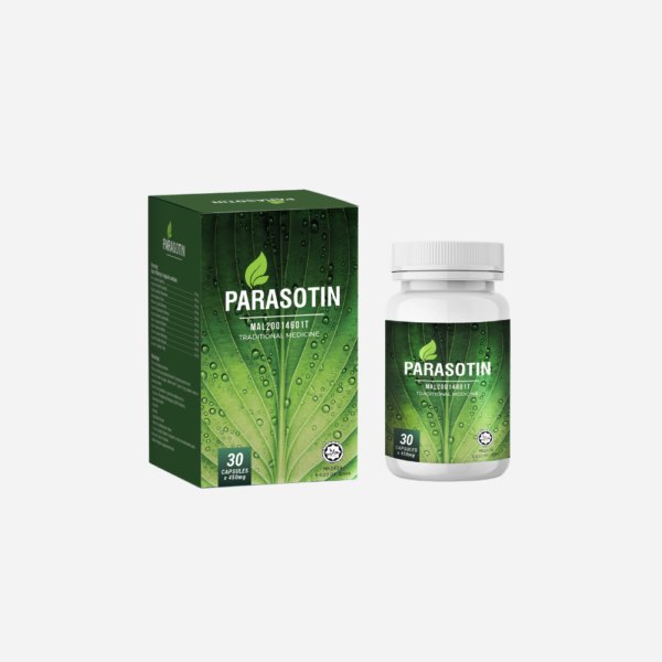 Kotak dan botol hijau Parasotin bercorak daun, 30 kapsul 450 mg
