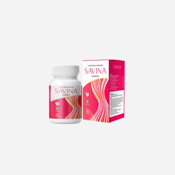 Botol putih dan kotak merah jambu Savina, 30 kapsul