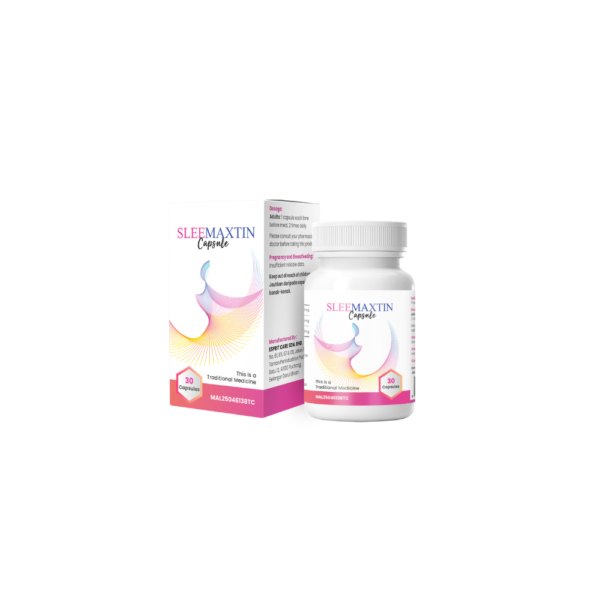 Kotak dan botol putih Sleemaxtin Capsule dengan corak merah jambu, 30 kapsul