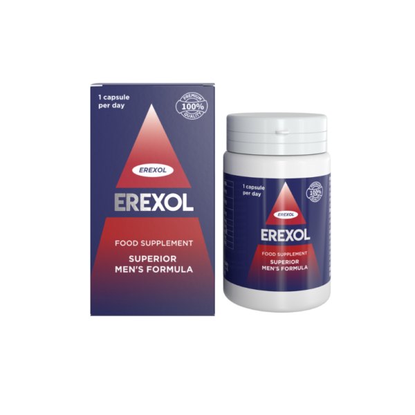 Flacon și cutie Erexol, supliment alimentar pentru bărbați, o capsulă pe zi
