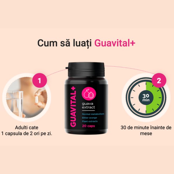 Flacon negru Guavital+ cu 20 de capsule și modul de administrare: 1 capsulă de 2 ori pe zi, cu 30 de minute înainte de mese