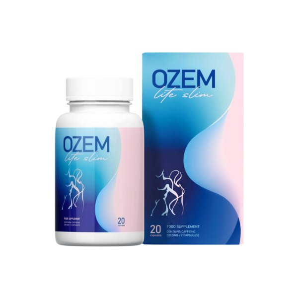 Flacon și cutie Ozem Lite Slim, 20 de capsule, cu mențiunea că produsul conține cofeină
