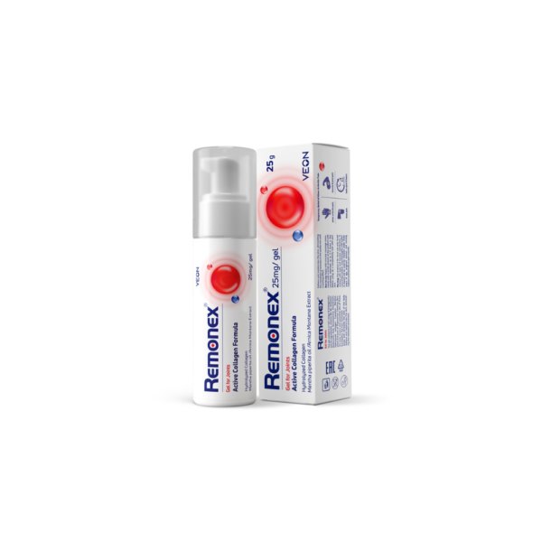 Flacon cu pompiță și cutie Remonex, gel pentru articulații, 25 g