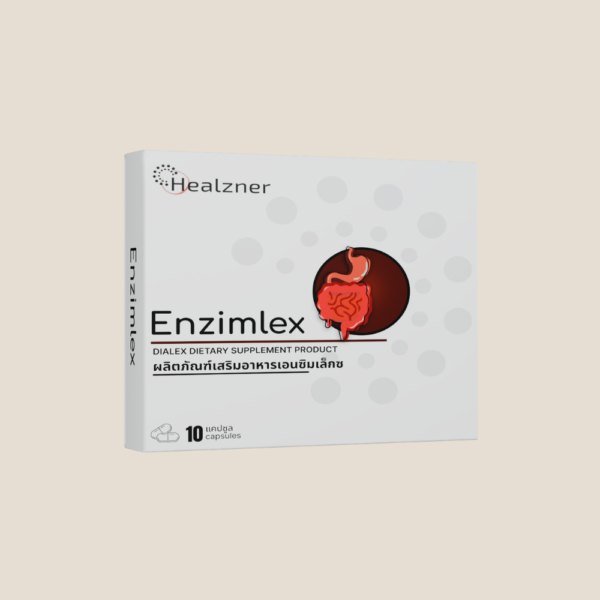 กล่อง Enzimlex สีเทาอ่อน มีรูปกระเพาะและลำไส้ บรรจุ 10 แคปซูล