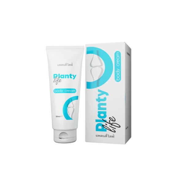 หลอดครีม Planty Life สีขาวฟ้า 50 มล. วางคู่กับกล่อง