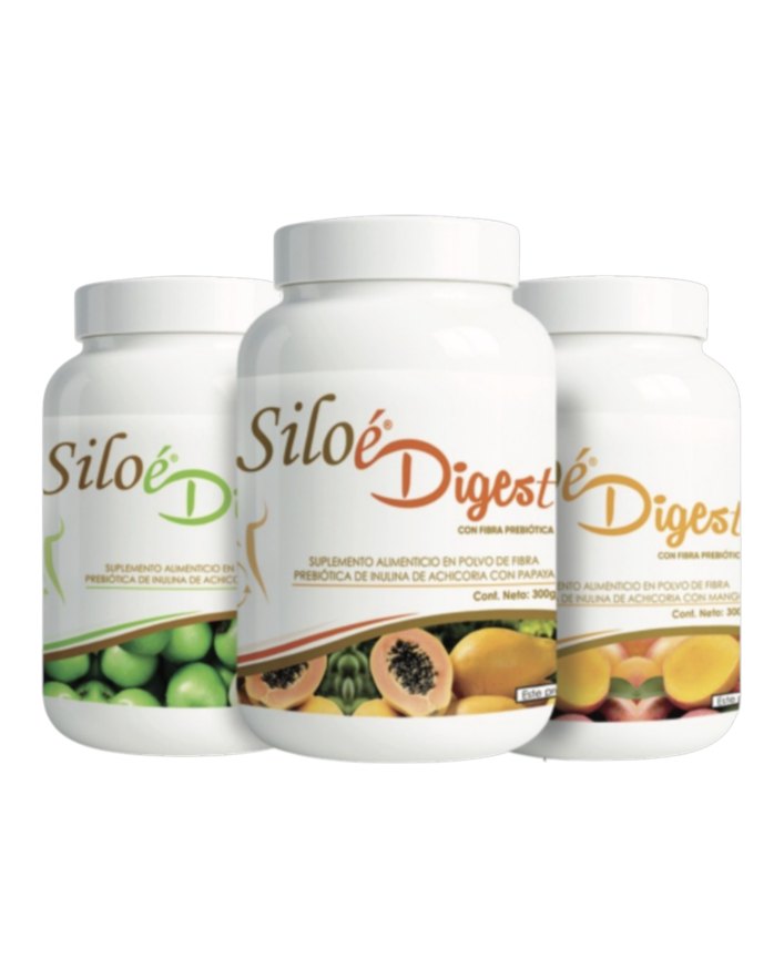 Tres frascos blancos de Siloé Digest, polvo de fibra prebiótica de 300 g, con ilustraciones de manzana, papaya y mango