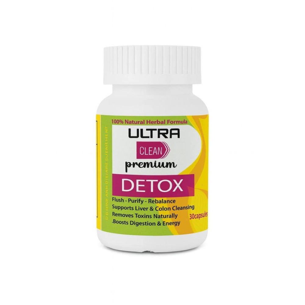 Yellow and pink Ultra Clean Premium Detox bottle, 30 capsules
